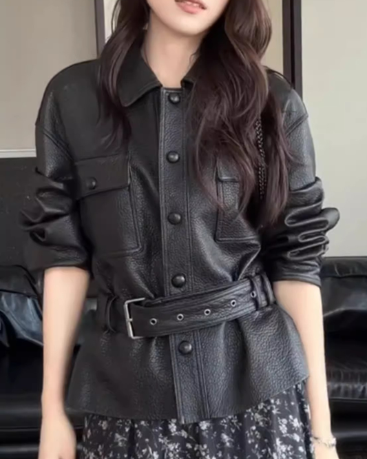 ブラックレザージャケット+フラワーフレアスカート - 00045