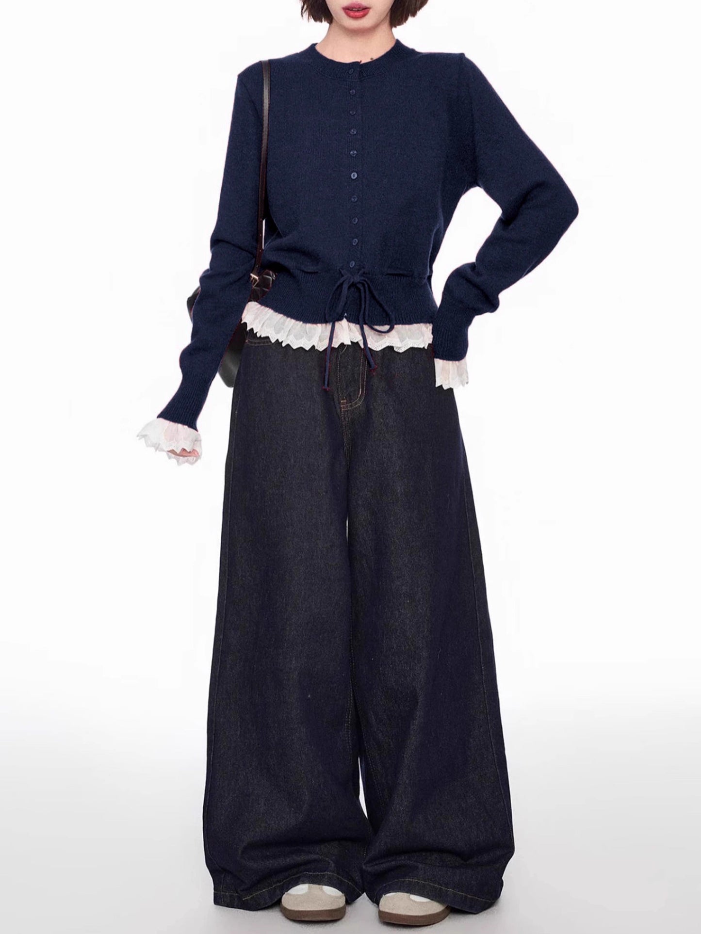 レースレイヤードニットカーディガン - 00042