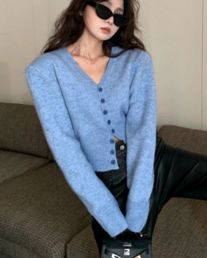 ブルーVネックニットカーディガン - 00005