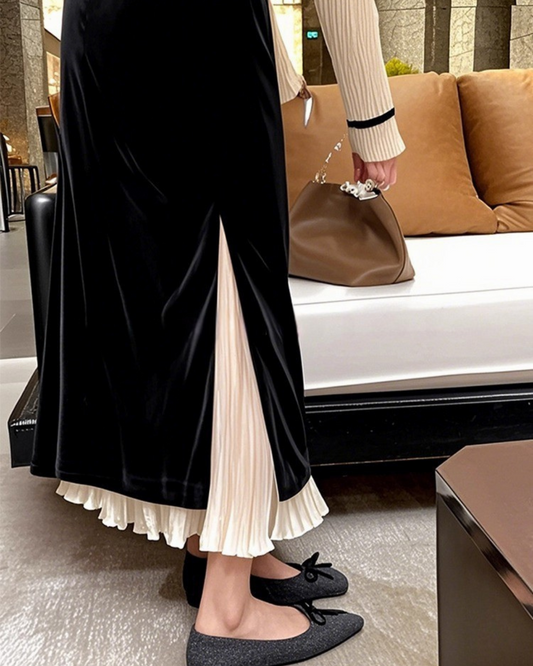 ブラックベルベットスプライススカート - 00026