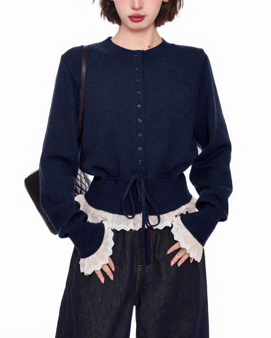 レースレイヤードニットカーディガン - 00042