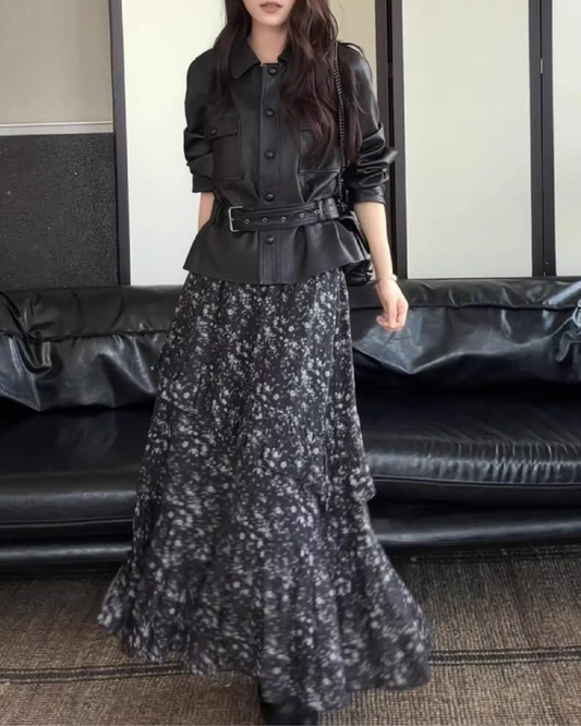 ブラックレザージャケット+フラワーフレアスカート - 00045