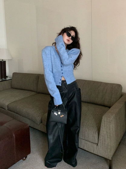 ブルーVネックニットカーディガン - 00005