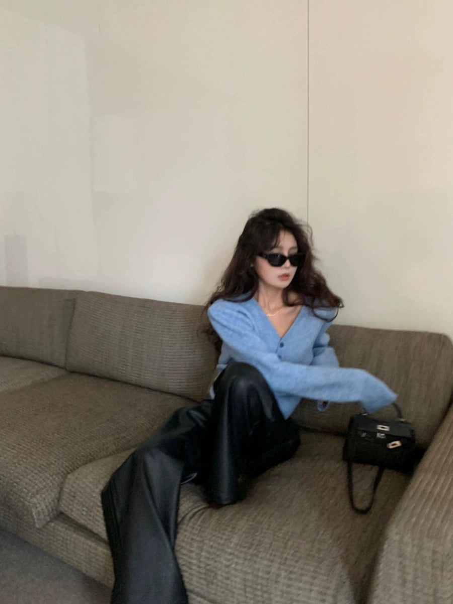 ブルーVネックニットカーディガン - 00005