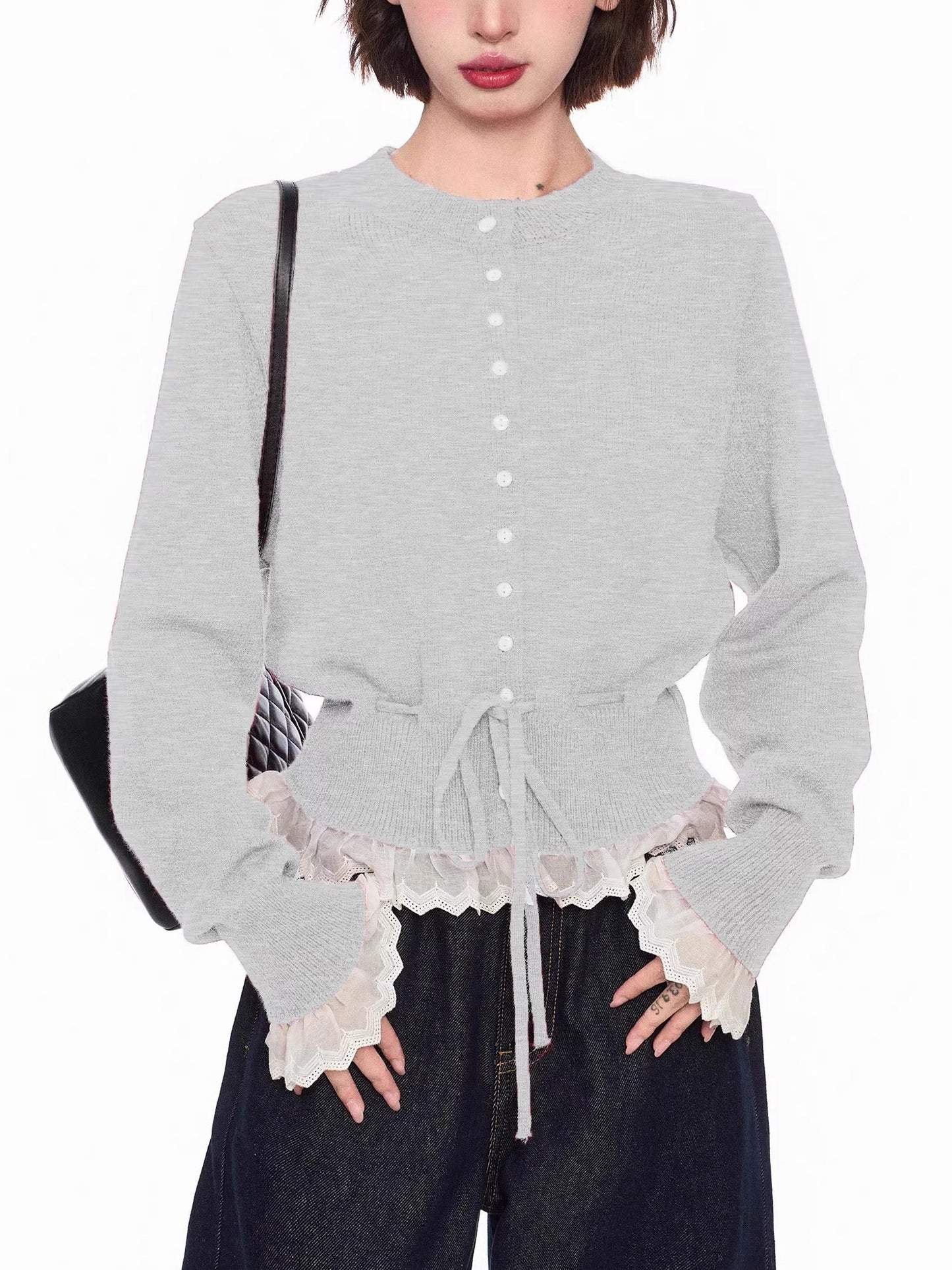 レースレイヤードニットカーディガン - 00042