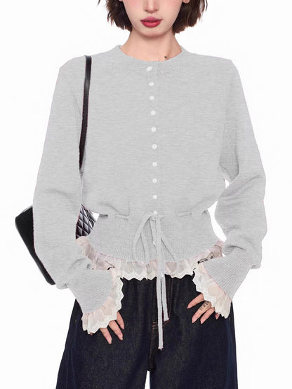 レースレイヤードニットカーディガン - 00042