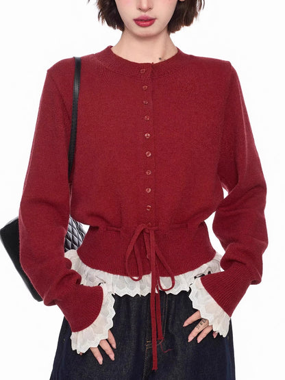 レースレイヤードニットカーディガン - 00042