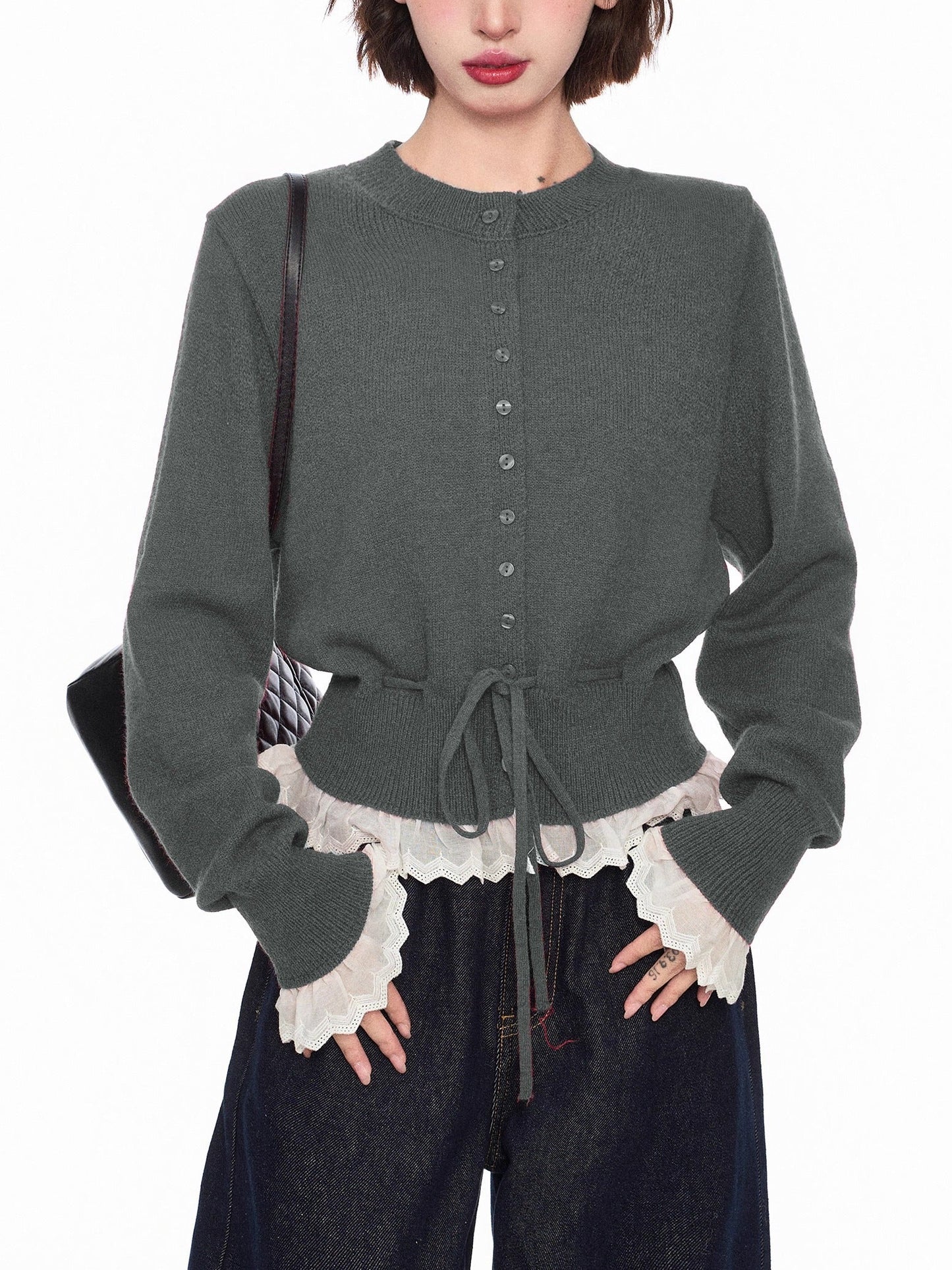 レースレイヤードニットカーディガン - 00042