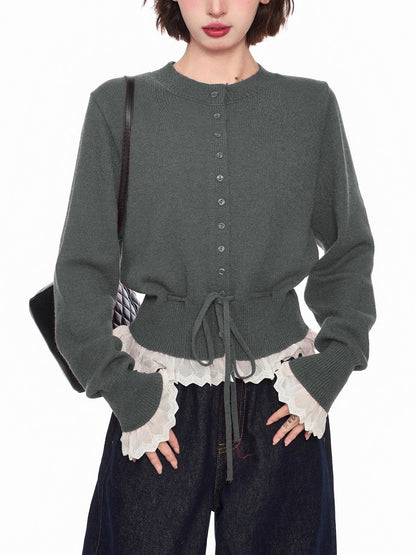 レースレイヤードニットカーディガン - 00042