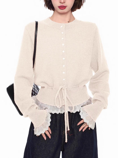 レースレイヤードニットカーディガン - 00042