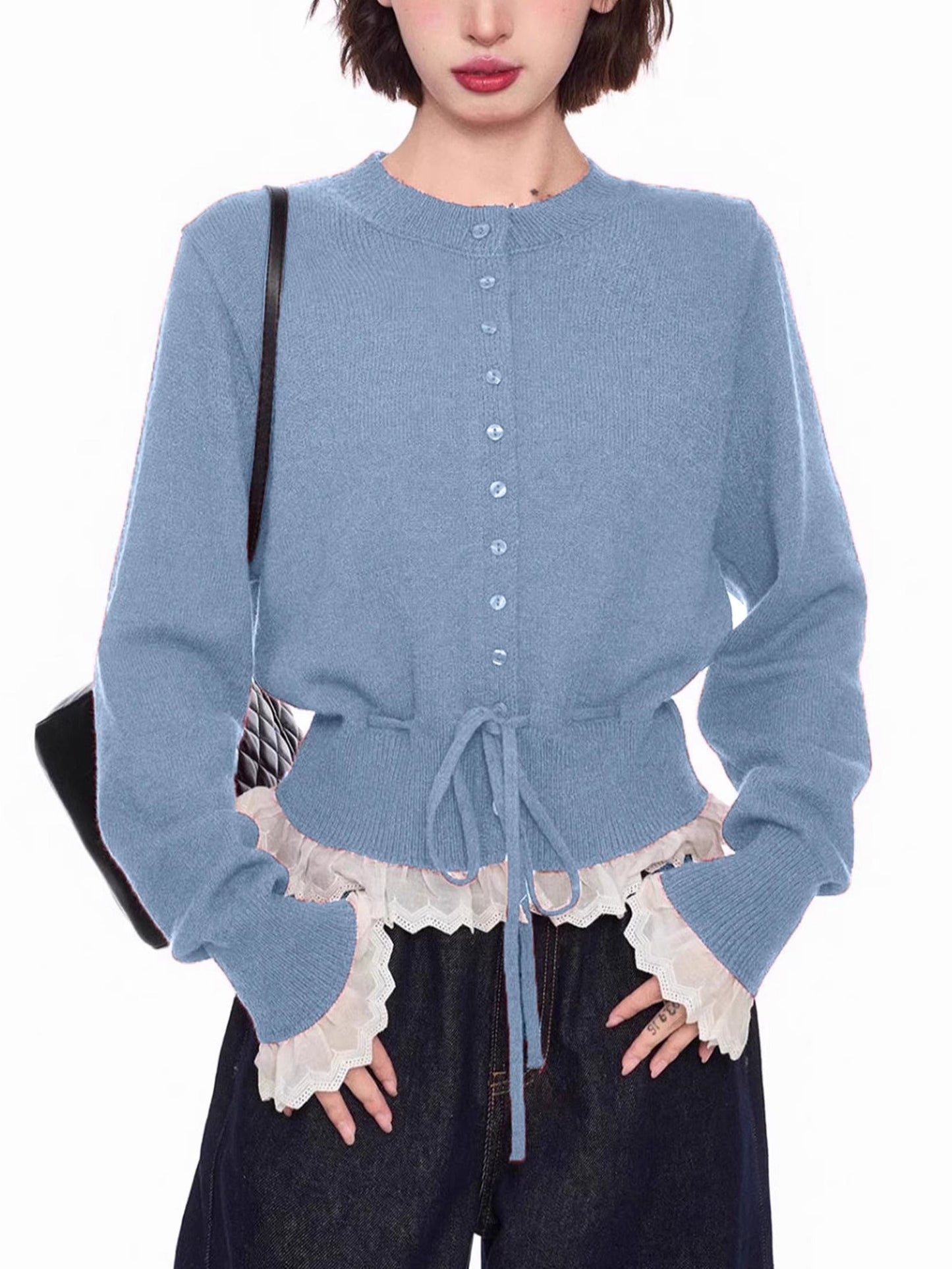 レースレイヤードニットカーディガン - 00042